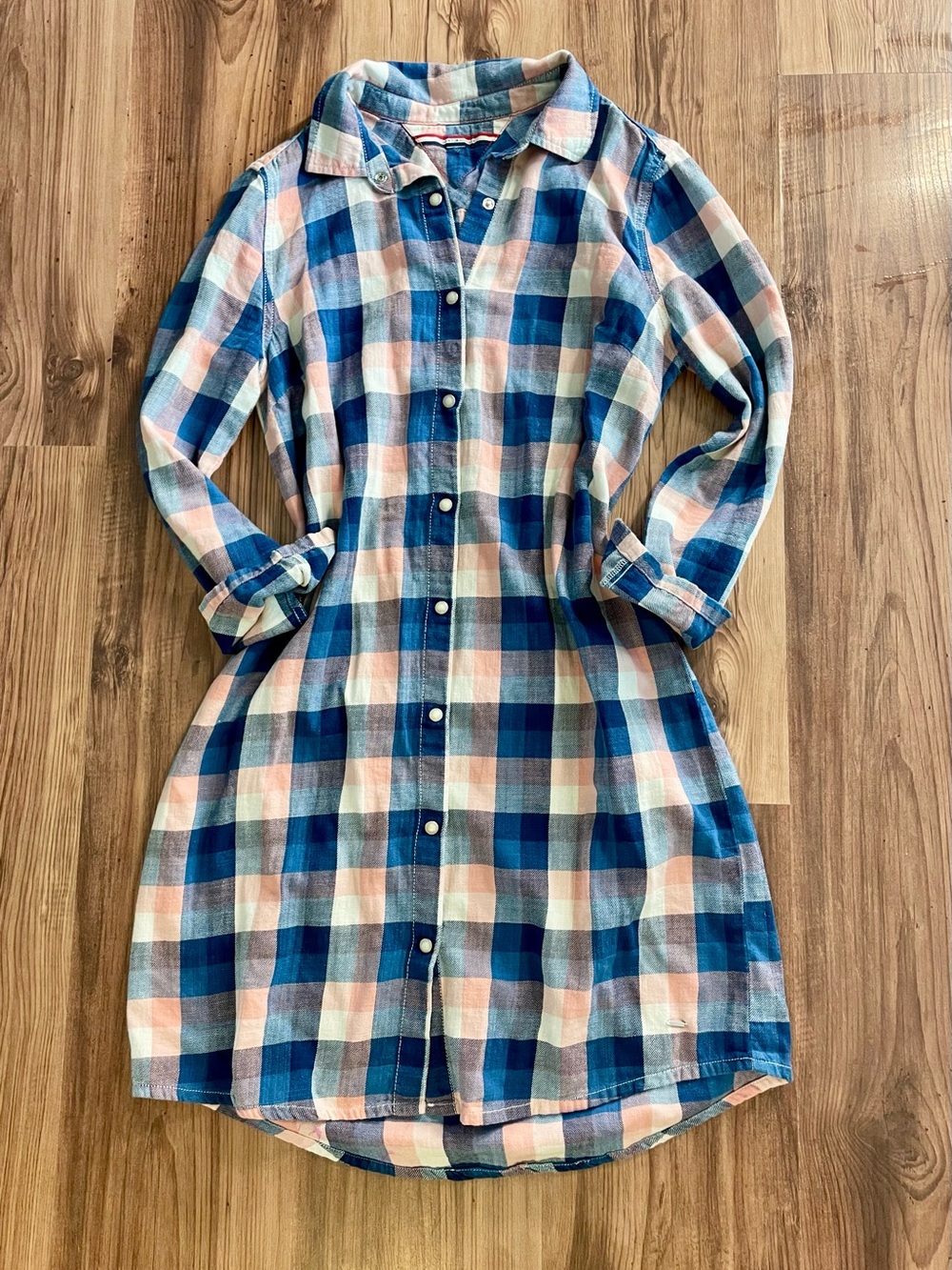 Tommy Hilfiger Blue & Pink Plaid Long Sleeve Shirt Dress Sz Large